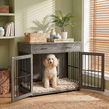 43.3" Large Dog Crate Furniture with 2 Drawers, Grey, view 4