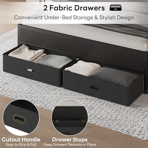 Queen Size Bed Frame with 2 Storage Drawers, Upholstered Headboard, view 7