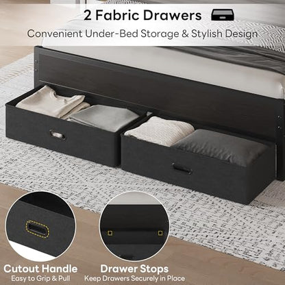 Queen Size Bed Frame with 2 Storage Drawers, Upholstered Headboard, view 7