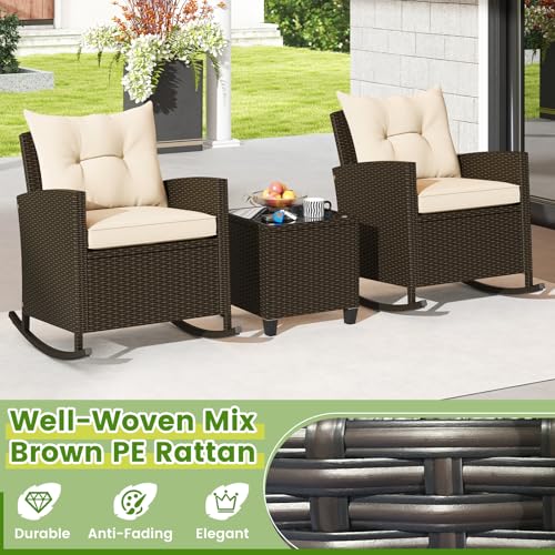 3 Piece Patio Furniture Rocking Bistro Set, Wicker Outdoor Rocking Chairs & Glass Table, PE Rattan Conversation Set for Porch, Balcony, Deck, Poolside (Mix Brown- Beige)
