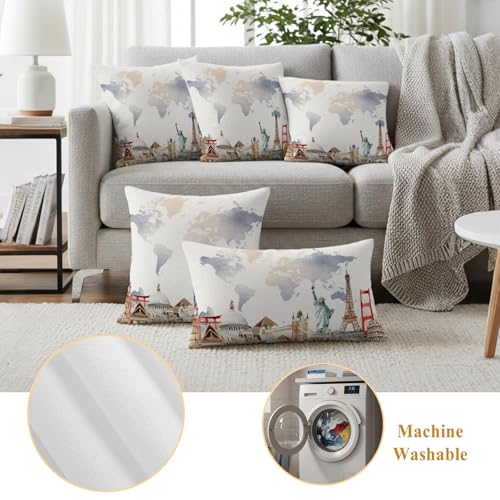 World Map Waterproof Outdoor Pillow Covers Set of 2 Home Decor, Famous Building Tourism Landscape Pillowcase Patio Pillow Covers for Couch Bench Patio Furniture Garden 26x26in