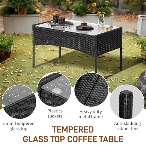 4 Pieces Patio Furniture Set, Rattan Conversation Sets, Black | Loveseat with Soft Cushion, Glass Table for Garden Backyard Balcony Porch Poolside