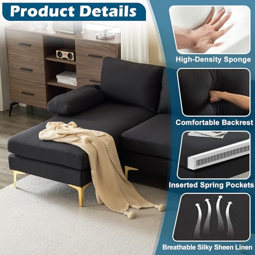 110" Modern Sectional Couch with 51" D Double Chaise, Black Deep Seat U Shaped Couch with Removable Pillows & Metal Legs, Comfy 4-Seat Sofas for Living Room, Linen Fabric
