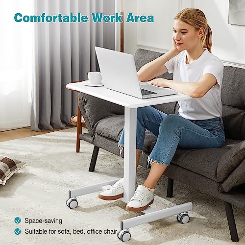 Small Rolling Desk Mobile Standing Portable Laptop PC Table with Wheels Adjustable Height Computer Workstation for Home Office, Space Saving Desk for Bedroom Study Use, White