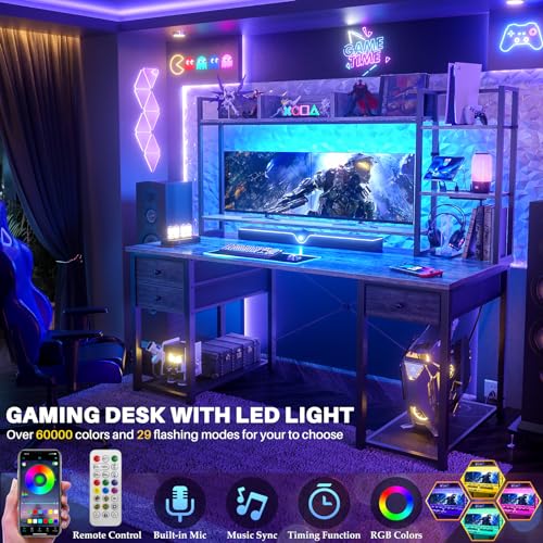 Desk with LED and Outlets, Gaming Desks with Hutch, 55.2'' Computer Desk with Drawers, Reversible Office Desk with Storage Bookshelf Large Workstation with Shelf, Desk for Home, Black Oak