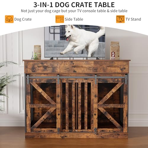 48 Inch Large Dog Crate Furniture with 3 Storage Drawers, Wooden Pet Kennel with Removable Divider, Dog Kennel End Table TV Stand, Farmhouse Style Dog Crates with Sliding Barn Door (Brown)