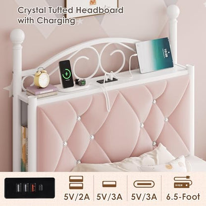 Twin Upholstered Canopy Bed Frame with Drawer & Crystal Tufted Storage, view 6