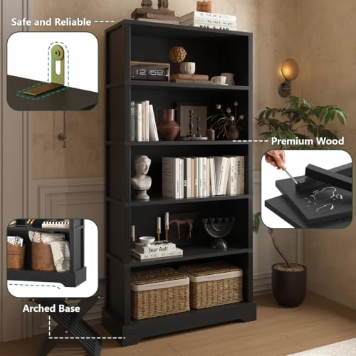 5 Tiers Wooden Bookshelf, 65.2" Tall Farmhouse Style Open Bookcase, view 6