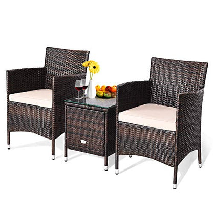 3 Piece Patio Set Wicker Rattan Furniture Set Outdoor Rattan Conversation Set with Coffee Table Chairs & Thick Cushions Bistro Sets for Patio Garden Lawn Backyard Pool