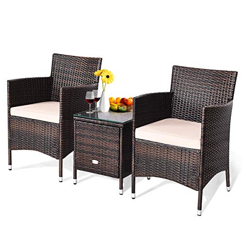 3 Piece Patio Set Wicker Rattan Furniture Set Outdoor Rattan Conversation Set with Coffee Table Chairs & Thick Cushions Bistro Sets for Patio Garden Lawn Backyard Pool