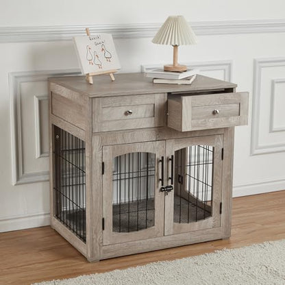 Dog Crate Furniture with Cushion,Wooden Dog Kennels Indoor with 2 Drawers, view 2