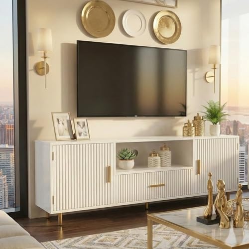 Modern Fluted TV Stand for 55/60/65 Inch TV, 57" Entertainment Center Media Console Table with Drawer & Storage Cabinets, Ribbed Design TV Cabinet Credenza for Living Room, White