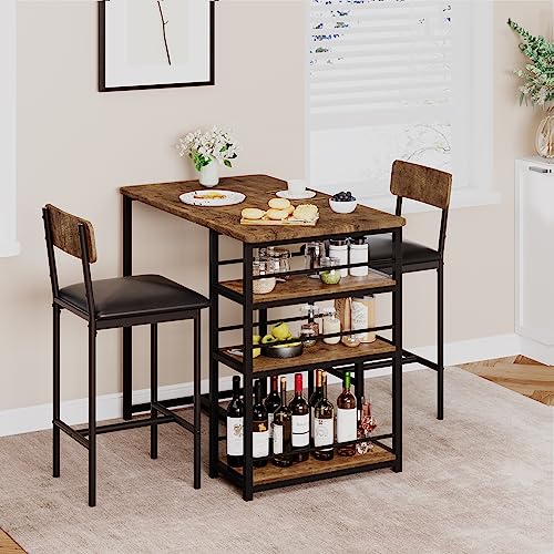 Dining Table Set for 2, Counter Height Kitchen Table with 2 Upholstered Bar Stools, Dining Table and Chairs Set with Storage Shelves, for Small Space, Apartment, Studio, Retro Brown
