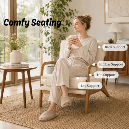 Beige Linen Upholstered Accent Chairs with Solid Wood Frame and Lumbar Pillow, view 4