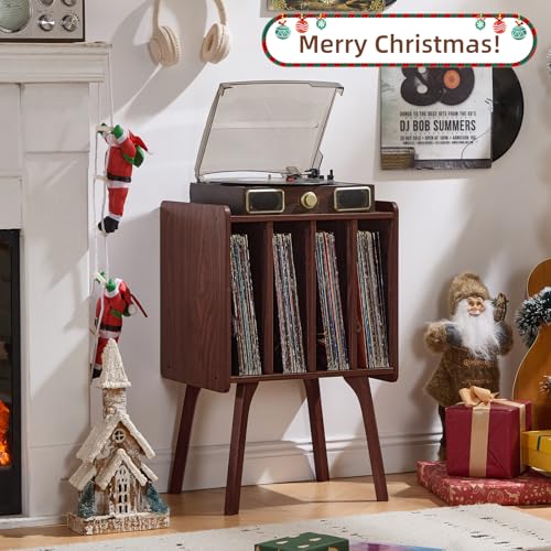 Record Player Stand, Walnut Vinyl Record Storage Table, 4-Cubby, view 3