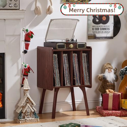 Record Player Stand, Walnut Vinyl Record Storage Table, 4-Cubby, view 3