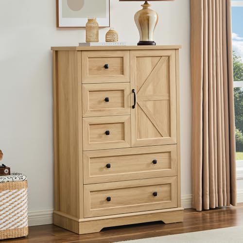 Farmhouse Dresser for Bedroom, Tall Chest of Drawers, Natural Oak, view 2