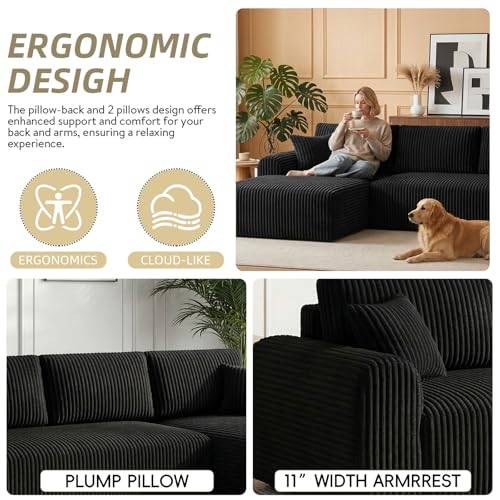 104 Inch Cloud Sectional Couch with L-Shape Chaise,Modern Upholstered Couches with Deep Seat,Corduroy Sponge Compressed Sofa for Living Room,No Assembly Required (Black)