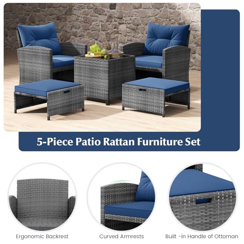 5 Pieces Patio Conversation Set, PE Wicker Rattan Outdoor Furniture Set with 2 Chairs, 2 Ottomans & Tempered Glass Coffee Table, Ideal for Poolside, Backyard, Lawn, Deck, Mix Grey & Navy