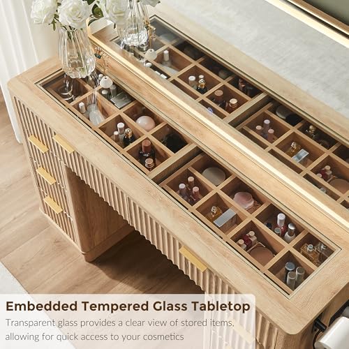 48" Fluted Makeup Vanity Desk with Led Lighted Mirror, Natural Oak, view 6
