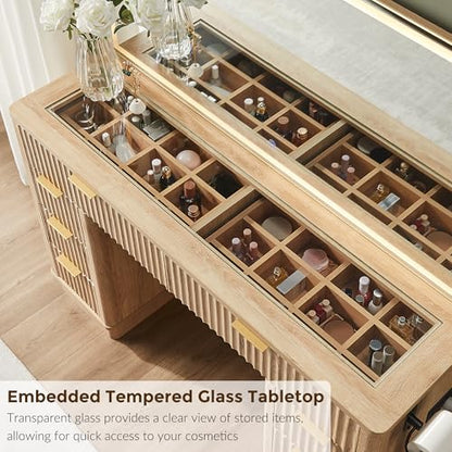 48" Fluted Makeup Vanity Desk with Led Lighted Mirror, Natural Oak, view 6