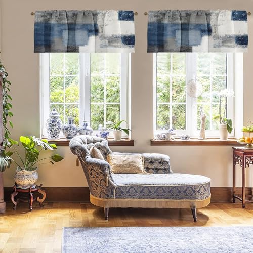 4 Pack Valances Window Treatments, Blue and Grey Abstract Modern Art Blackout Drapes Adjustable Curtain for Windows Living Room Kitchen Over Sink, 52x18 Inch Rod Pocket Valances