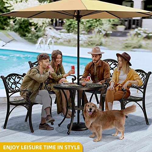 30 Inches Round Patio Dining Table with Umbrella Hole, Antique Cast Aluminum Outdoor Bistro Table Outdoor Side Table for Backyard, Garden, Patio, Porch, Hammered Bronze