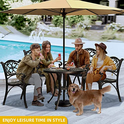 30 Inches Round Patio Dining Table with Umbrella Hole, Antique Cast Aluminum Outdoor Bistro Table Outdoor Side Table for Backyard, Garden, Patio, Porch, Hammered Bronze