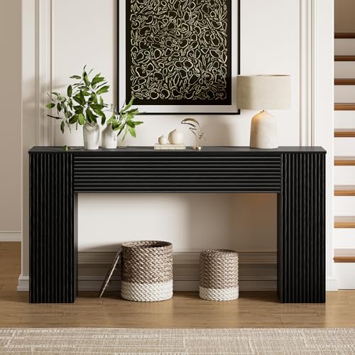 61” Fluted Long Console Table with 2 Hidden Storage Cabinets, Black | Wooden Rectangular Sofa Table, Behind the Couch, Narrow Entryway Table for Entrance, Hallway, Living Room, Foyer
