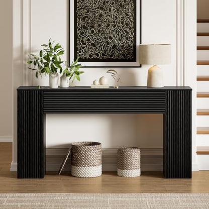 61” Fluted Long Console Table with 2 Hidden Storage Cabinets, Black | Wooden Rectangular Sofa Table, Behind the Couch, Narrow Entryway Table for Entrance, Hallway, Living Room, Foyer