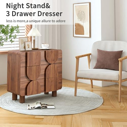 3 Drawer Nightstand Set of 2, Walnut Wooden Dresser with Curved Profile, Mid-Century Modern Bedside Cabinet for Bedroom Living Room Entryway, 31.5" W x 15.75" D x 29.1" H