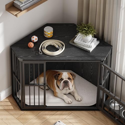Corner Dog Crate Furniture for Small Dogs, Indoor Kennel End Table, Black, view 2