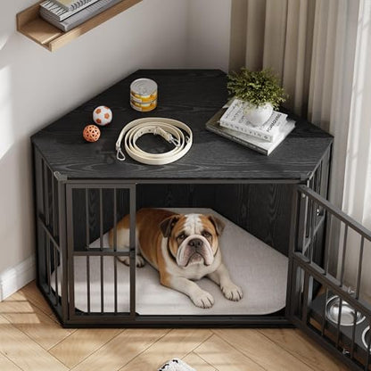 Corner Dog Crate Furniture for Small Dogs, Indoor Kennel End Table, Black, view 2