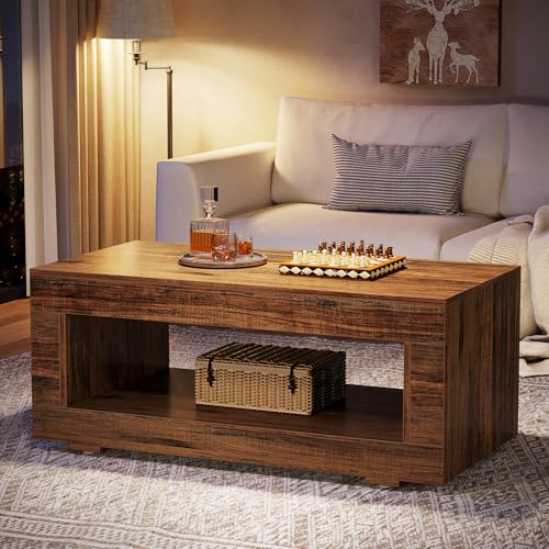 Tribesigns Wood Coffee Table for Living Room, 43.3" Modern Farmhouse Coffee Table with Storage, 2-Tier Rectangular Center Table Cocktail Living Room Table with Sturdy Base, Rustic Brown
