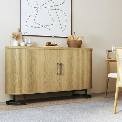 54.3" Buffet Cabinet with Storage, Fluted Sideboard with Tambour Doors, Modern Kitchen Storage Cabinet with Adjustable Shelves for Living Room, Entryway, Oak