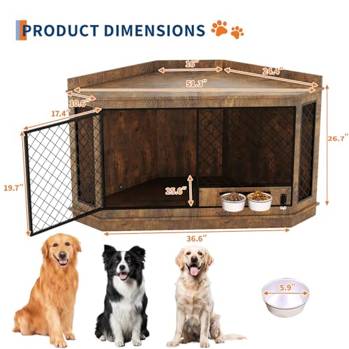 51.3" Corner Dog Crate Furniture with 360° Rotating Feeder, view 7
