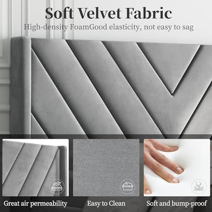 Queen Bed Frame with Chevron Channel-Tufted Headboard, Light Gray, view 6