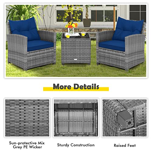 3 Pieces Patio Conversation Set, Outdoor Furniture Set PE Rattan Sofa Set with Removable Cushions, PE Wicker Chairs with Tempered Glass Side Table for Porch Lawn Garden Balcony Backyard