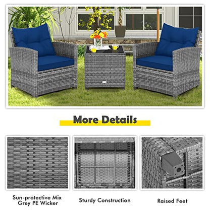 3 Pieces Patio Conversation Set, Outdoor Furniture Set PE Rattan Sofa Set with Removable Cushions, PE Wicker Chairs with Tempered Glass Side Table for Porch Lawn Garden Balcony Backyard