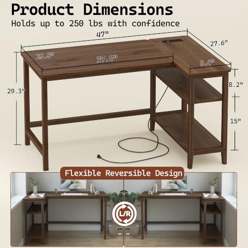 47 Inch L Shaped Computer Desk with Solid Wood Frame & Power Outlets, view 3