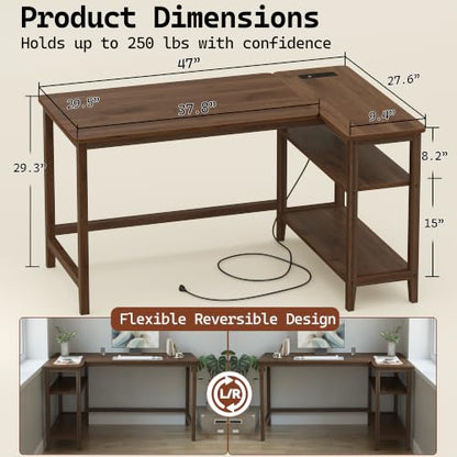 47 Inch L Shaped Computer Desk with Solid Wood Frame & Power Outlets, view 3