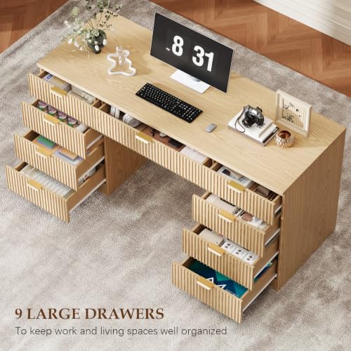 59 Inch Fluted Computer Desk with 9 Drawers, Natural, view 4