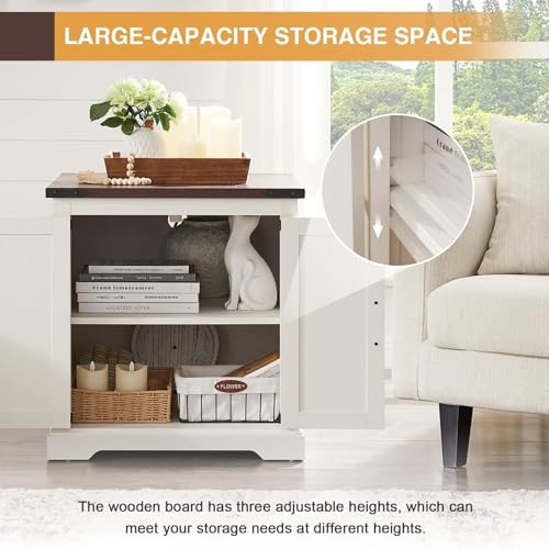 Farmhouse End Table with Charging Station,24" Large Sofa Side Table with Barn Door, Rustic Wood Square Nightstand Bedside Table with Adjustable Shelf for Living Room, Bedroom,Antique White