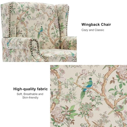 Accent Chair, Upholstered High Back Armchair with Nailhead Trim & Wood Legs, Comfy Wingback Reading Single Sofa Chair for Small Spaces, Living Room, Bedroom (Bird, Set of 1)