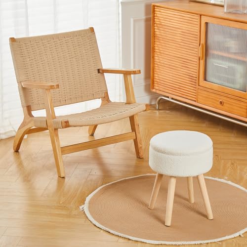 Storage Ottoman Foot Stool Teddy Velvet Round Vanity Stool Tray Top Footstool with Wood Legs Upholstered Foot Rest Ottoman for Living Room, Bathroom, Makeup (White)