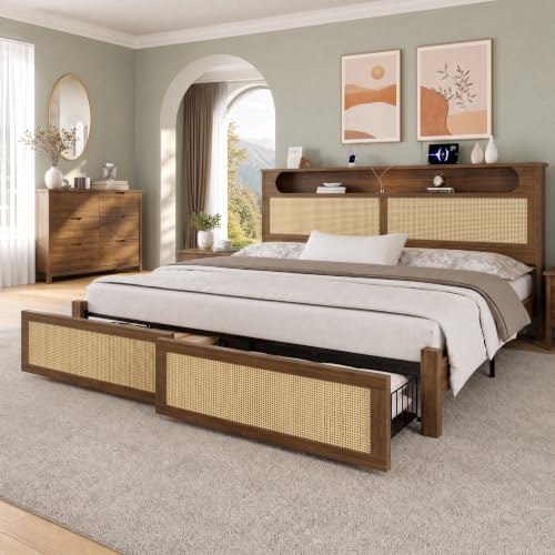 King Size Rattan Bed Frame with 2 Storage Drawers, Wood Bed, Brown, view 2