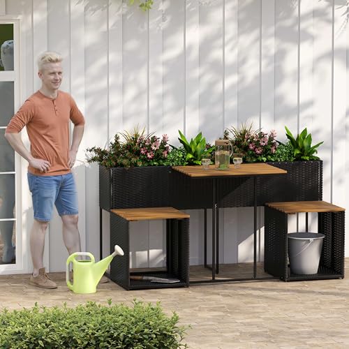 Patio Furniture Set with Raised Garden Bed, PE Rattan Garden Planter Table with Built-in Chairs and Storage Space, Acacia Wood Outdoor Conversation Set with Sturdy Metal Frame