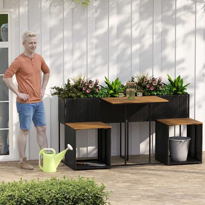 Patio Furniture Set with Raised Garden Bed, PE Rattan Garden Planter Table with Built-in Chairs and Storage Space, Acacia Wood Outdoor Conversation Set with Sturdy Metal Frame
