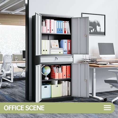 Metal Garage Storage Cabinets with Lockable Doors and Adjustable Shelves, 71" H Tool Cabinet for Home, Office, Warehouse (Black Grey)