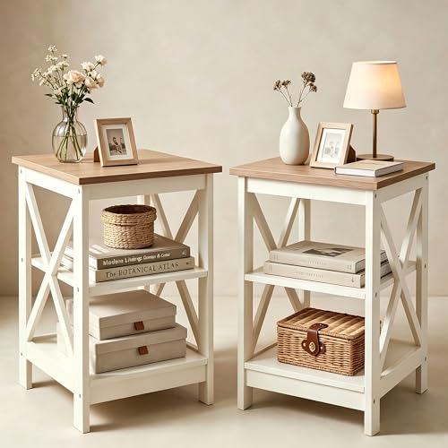 End Tables Bedroom Set of 2, Farmhouse Sofa Side Table with Storage Shelves, Ivory